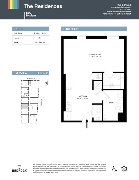 Floor plan for studio, 1 bath, 584 sqft